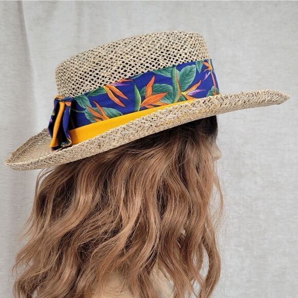 Hatlanta Vintage Straw Raffia Sun Hat Wide Brim Tropical Floral Band main image 13